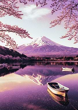 Mount Fuji with Cherry Blossoms and Boats