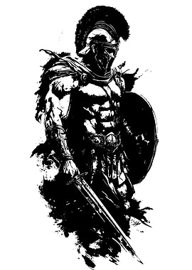 Spartan Warrior Black and White Illustration