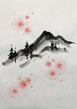 Ink Mountain Landscape with Red Lights