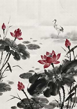 Lotus and Crane Ink Painting