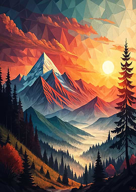 Geometric Mountain Landscape at Sunset