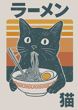 Cat Eating Ramen Poster, Cute Japanese Food Art Print, Teal Cat Illustration Wall Art