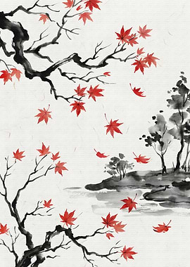 Japanese Maple Leaves Ink Painting