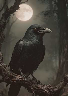 Raven Perched Under a Full Moon