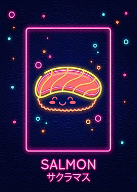 Neon Salmon Sushi Kawaii Illustration