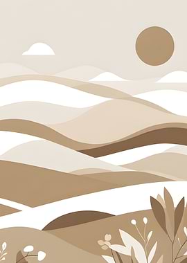 Minimalist Beige Landscape with Sun and Hills