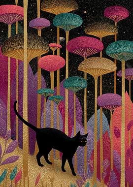 Black cat in a mushroom forest