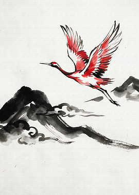 Crane in Flight over Mountains