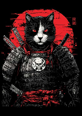 Samurai Cat Warrior with Red Eyes