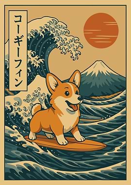 Surfing Corgi Ukiyo-e Poster, Japanese Wave Dog Art Print, Cute Surf Wall Decor