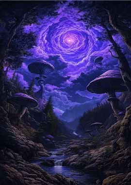 Mystical Mushroom Forest with Purple Sky