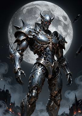Armored Robot Warrior with Moon Backdrop