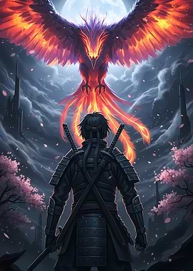 Samurai and Phoenix under the Moon