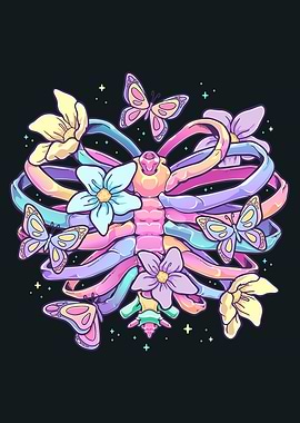 Pastel Ribcage with Flowers and Butterflies