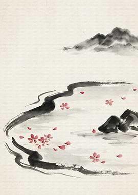 Japanese Ink Painting with Cherry Blossoms