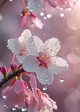 Cherry Blossoms with Water Droplets