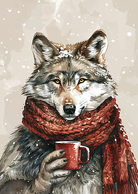 Wolf with Scarf and Coffee Mug