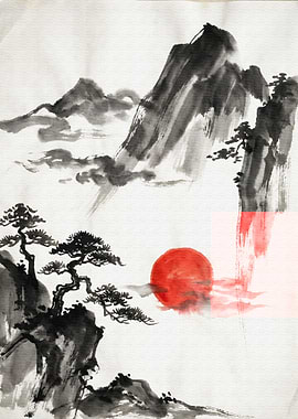 Ink Wash Painting: Mountain Sunset