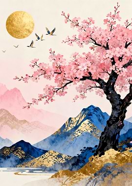 Cherry Blossom Tree with Mountain Landscape