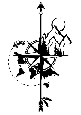 Adventure Compass World Map Black and White