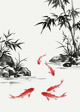 Koi Fish and Bamboo Ink Painting