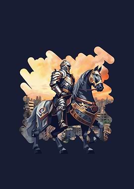 Knight on Horseback Overlooking Cityscape