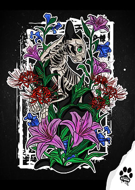 Floral Cat Skeleton Illustration