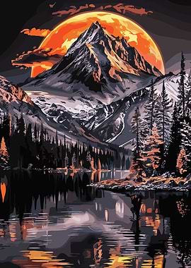 Mountain Lake with Orange Moon