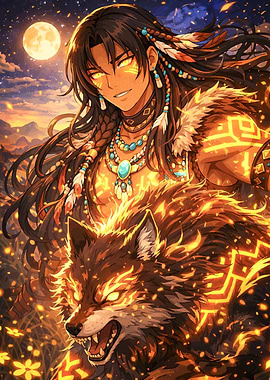 Anime Native American Warrior with Wolf