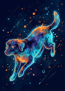Neon Dog Leaping in Space