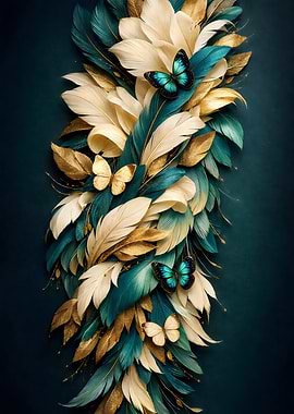 Feathers and Butterflies on Dark Background