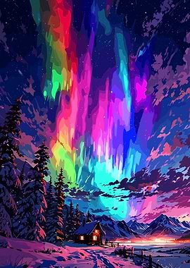 Colorful Aurora Borealis over Winter Cabin