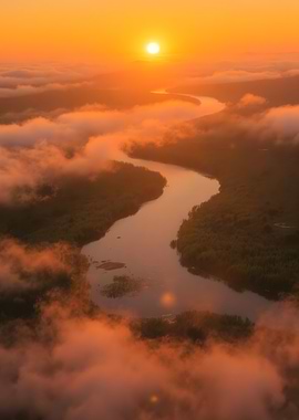 Golden Sunrise Over River and Clouds
