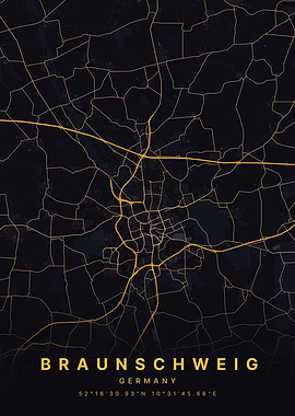 Braunschweig Germany Black and Gold Map