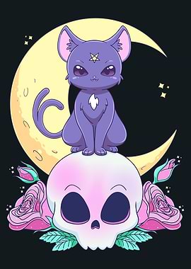 Pastel Goth Cat on Skull with Moon