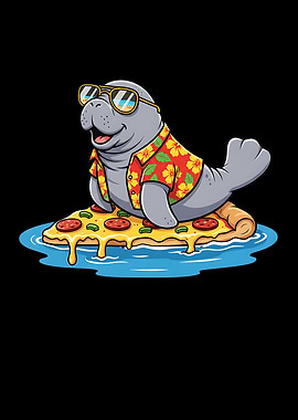 Manatee on Pizza Slice Cartoon