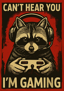 Can't Hear You I'm Gaming Poster, Raccoon Gamer Wall Art, Vintage Gaming Illustration Print