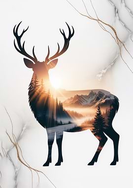 Deer Silhouette with Mountain Landscape