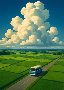 Blue Van in Green Field Landscape