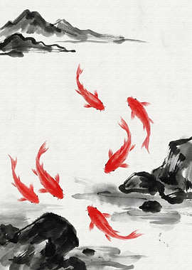 Red Koi Fish Ink Painting