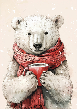 Polar Bear with Coffee Watercolor Illustration