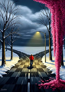 Bicycle Rider at Crossroads in Winter