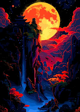 Fantasy Landscape with Moon and Waterfall