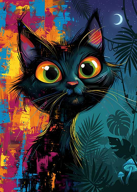 Colorful Cat in Jungle Illustration