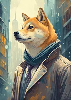 Shiba Inu in Cityscape Attire