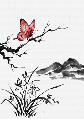 Butterfly and Flowers Ink Painting