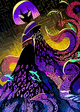 Abstract Woman with Tentacles and Fish