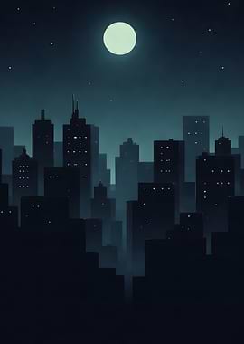 Night Cityscape with Moon