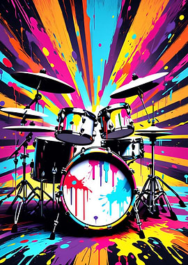 Colorful Drum Set with Paint Splatters