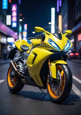 Yellow Motorcycle on City Street at Night